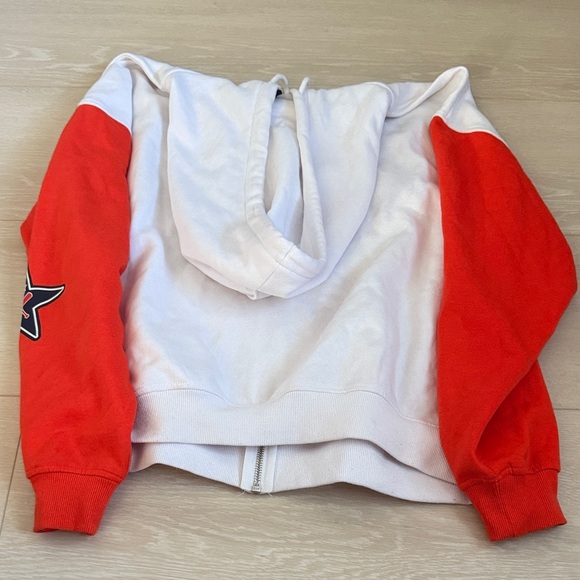 Divided White and Red Zip-Up Hoodie with Varsity Patches - Picture 7 of 8